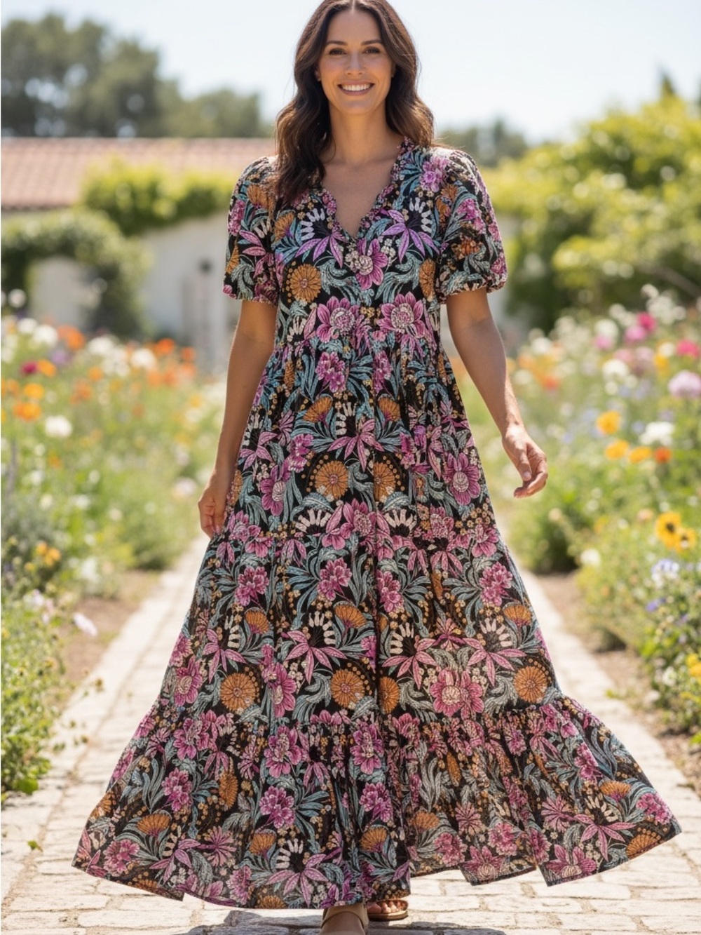 Banjanan Black Floral Midi/Maxi Dress Size Small with Puff Sleeves